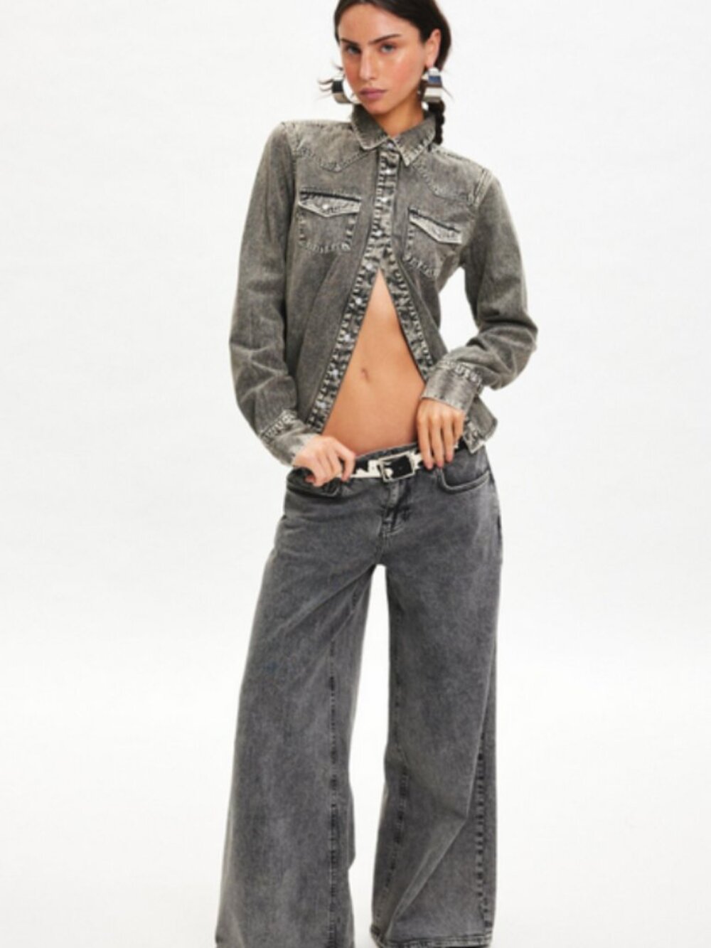 BDG Ariella Denim Western Shirt Urban Outfitters Buttondown Top Grey M